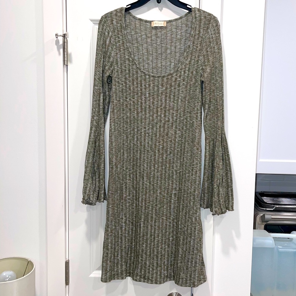 Altar’d state long sleeve army green sweater dress with bell sleeves at wrist